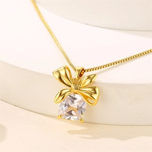 18K gold plated stainless steel bow necklace with a large square zircon pendant