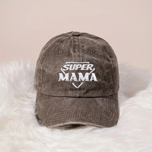 Detailed view of white SUPER MAMA embroidery on washed charcoal cotton baseball cap