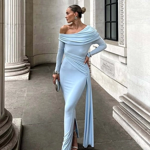 Detailed view of elegant light blue one shoulder pleated maxi dress with high side slit