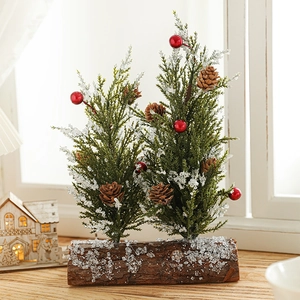 Mini dual desktop Christmas trees with pine cones, berries, and snow on wood base