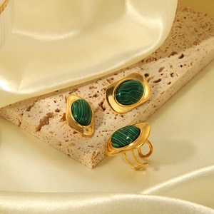 Retro Malachite Jewelry Stainless Steel Oval Geometric Earrings And Adjustable Ring Vacuum Gold Plated Hypoallergenic