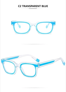 Detail view of transparent blue frames and temples on retro anti-blue light glasses