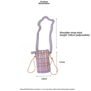Detailed size map of plaid crossbody bag showing dimensions and adjustable purple strap