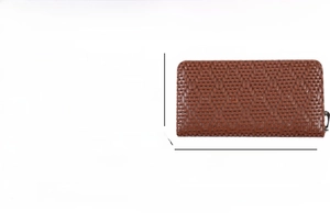 Detailed size chart and specifications for woven leather long wallet and clutch bag