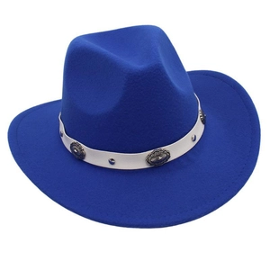 Close-up of blue wool felt fedora featuring a white leather ethnic band with silver floral studs
