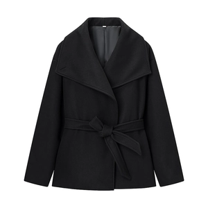 Women Woolen Coat Solid Black Lapel Collar Belted Waist Long Sleeve Autumn Winter Casual Elegant Outerwear For Ladies