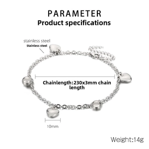 Vue macro d'une chevillère en acier inoxydable avec perles de cœur et dimensions