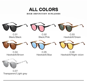 Matrix display of vintage round polarized sunglasses in seven different frame colors