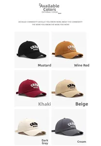 Detail view of cotton baseball caps in six colors with CREW EST.1983 3D embroidery
