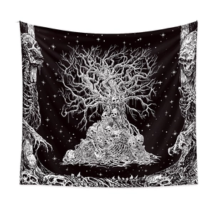 Artistic black and white Tree of Life tapestry with skull and starry sky room decor