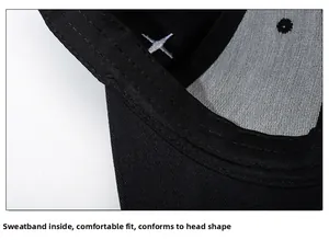 Detail of the inner sweatband on a black baseball cap with breathable mesh and stitching