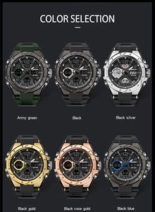 Vari colori di orologi sportivi con impermeabilità 50m mostrati in una griglia