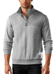 Detailed view of grey cable knit texture and textured stitching on half-zip sweater