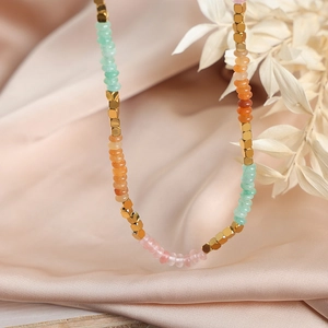 Handmade beaded necklace with colorful Amazonite beads and golden hexagonal spacers