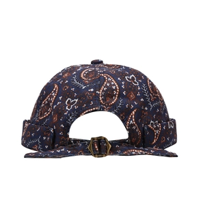 Navy blue paisley docker cap with adjustable metal buckle and retro streetwear design