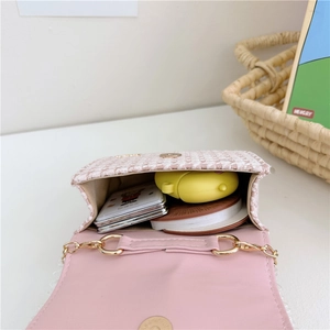 Pink and beige tweed crossbody bag with pearl handle and golden chain for girls