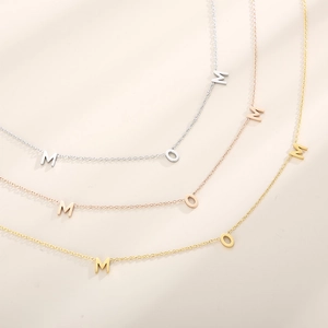 French vintage MOM letter necklaces in silver, rose gold, and gold plated stainless steel