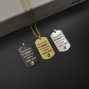 Detailed engraving on gold, silver, and black stainless steel rectangle dog tag pendants