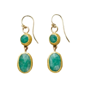 Elegant gold oval earrings with faceted emerald green crystals and handcrafted texture