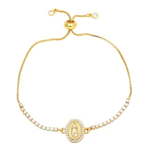 Adjustable gold tennis bracelet with Our Lady of Guadalupe pendant and white zircons