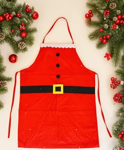 Close-up of Santa Claus apron with black belt print and white lace trim for Christmas