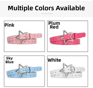 Star buckle skinny belts in pink, rose, blue, and white with pentagram star prints