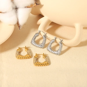 18K gold and silver plated stainless steel hoop earrings with crystals and twisted texture
