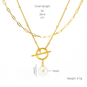 Detail view of double-layer gold necklace with 12mm pearl and OT buckle specifications