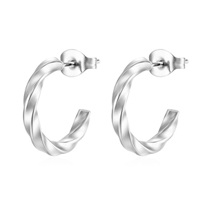 Polished silver twisted rope hoop earrings with a minimalist C-shape elegant design