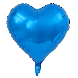 Detailed view of an 18-inch heart-shaped blue foil balloon with a shiny metallic finish