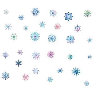 Colorful watercolor Christmas snowflake window stickers in assorted blue and red patterns