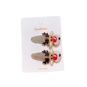 Pair of festive reindeer antler hair clips for kids with gold glitter and red nose