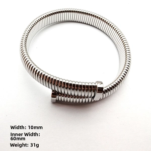 Polished silver stainless steel nail bracelet with spiral texture and 10mm width detail