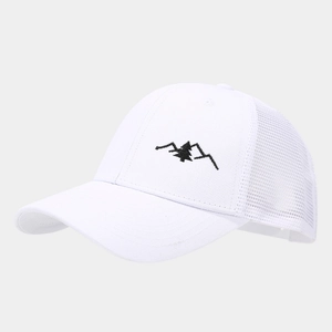 Detail of white mesh baseball cap featuring mountain embroidery and breathable rear panels