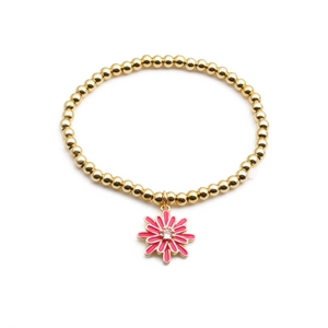 Bracelet élégant en perles dorées avec charm marguerite rose et zircon blanc
