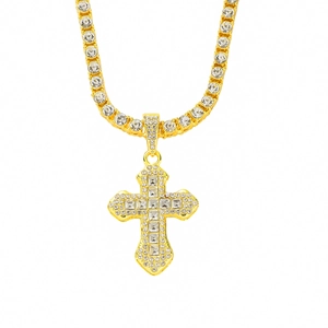 Hip hop gold cross pendant necklace with sparkling diamonds for men on white background