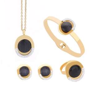 Detailed set of golden stainless steel necklace, bracelet, ring, and earrings with grey stone