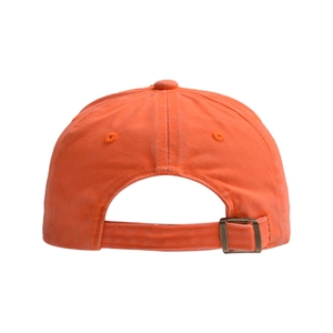 Detail of children's orange baseball cap showing adjustable metal buckle and cotton fabric