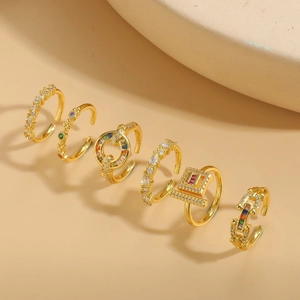 Set of six gold-plated adjustable rings featuring colorful zircon and trendy designs