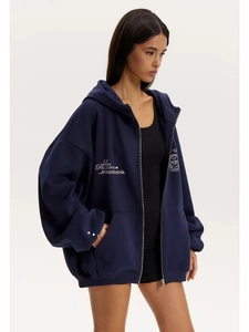 Navy blue oversized zip-up hoodie with drop shoulders and Life Philosophy print