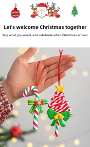 Detail of polymer clay candy cane and tree ornaments with festive stripes and bells