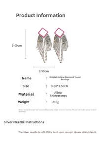 Detailed size view of rose pink hollow diamond earrings with silver needle tassels
