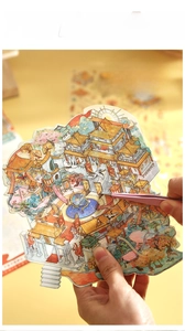 Detail of DIY 3D Chinese architecture scene card with 2 PVC decorative stickers