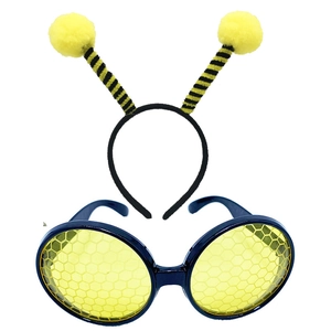 Detail of bee costume set featuring yellow striped antenna headband and honeycomb lens glasses