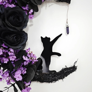Gothic Halloween moon cat wreath with black roses and purple crystal pendant decor