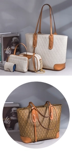 Close-up of stylish 4-piece white and brown PU leather bag set with geometric patterns