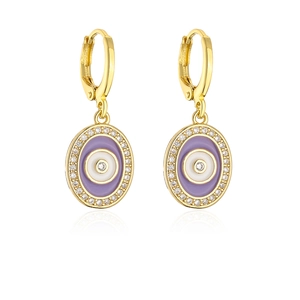 Close-up of gold-plated evil eye earrings with purple enamel and sparkling zircon stones