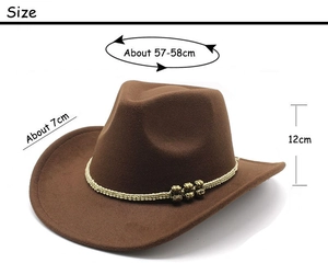 Detailed size specifications of brown felt cowboy hat with vintage bead trim and dimensions
