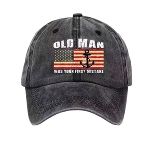Washed black cotton baseball cap with OLDMAN flag print and vintage distressed finish
