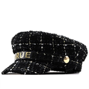 Vintage Tweed Newsboy Cap For Women With Letter Ribbon And Metal Button Retro Elegant Baker Boy Hat